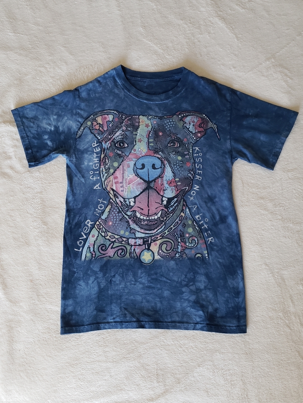 THE MOUNTAIN Dog Lover Not A Fighter, Kisser Not A Biter Sm Blue Tie Dye T-Shirt